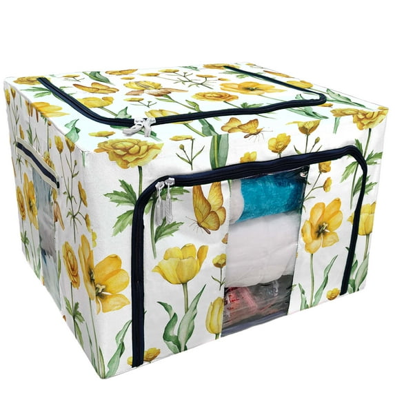 PKQWTM Watercolor flowers Storage Bag Clear Window Storage Bins Boxes Large Capacity Foldable Stackable Organizer With Steel Metal Frame For Bedding,Clothes,Closets, Bedrooms