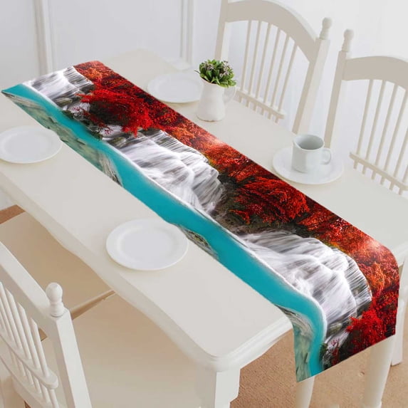 PKQWTM Waterfall in deep rain forest jungle Cotton and Linen Table Runner Kitchen Dining Room Supplies Size 16x72 Inch