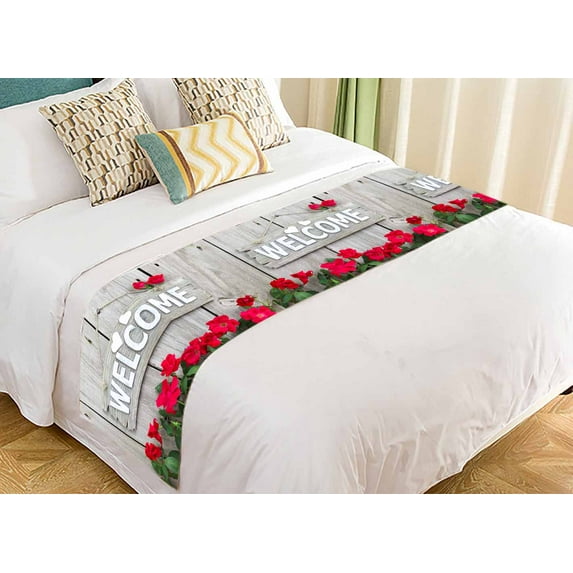 PKQWTM Welcome Rustic Wood Fence Flower Border Red Roses Bed Runner Bedroom Bedding Decor Bedding Scarf Size 20x95 inches