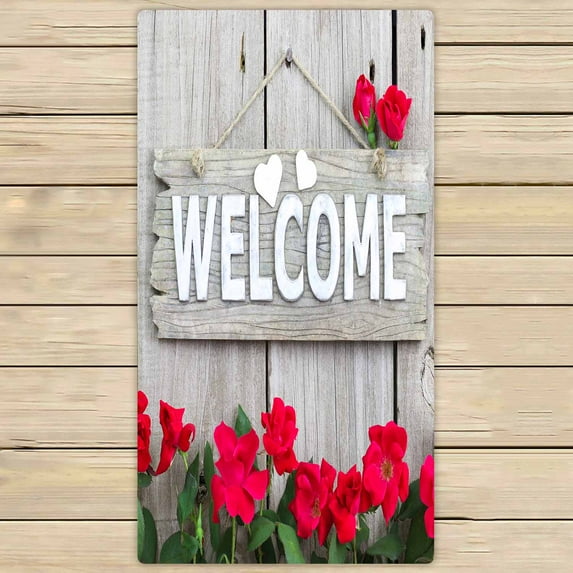 PKQWTM Welcome Rustic Wood Fence Flower Border Red Roses Microfiber Bath Towels Bathroom Body Shower Towel Size 30x56 Inches
