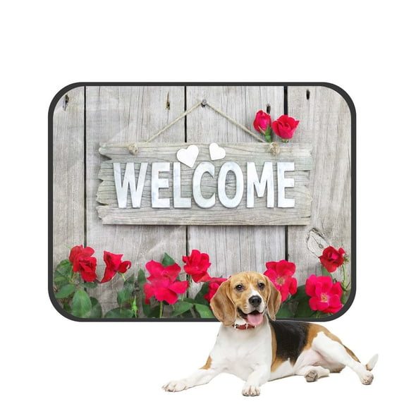 PKQWTM Welcome Rustic Wood Fence Flower Border Red Roses Pet Dog Cat Bed Pee Pads Mat Cushion Potty Dogsblankets Crate Bed Kennel 20x24 inch