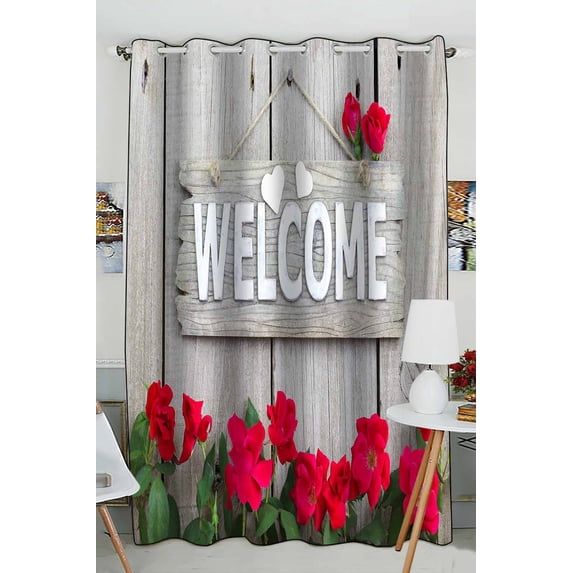 PKQWTM Welcome Rustic Wood Fence Flower Border Red Roses Practical heat insulation Shading Window Curtain Size 52(W)x84(H) inches(One Piece)