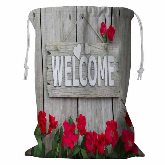 PKQWTM Welcome Rustic Wood Fence Flower Border Red Roses Storage Basket Laundry Bag with Drawstring Size 24x32 Inch