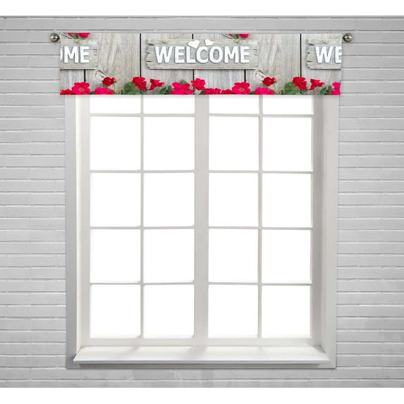 PKQWTM Welcome Rustic Wood Fence Flower Border Red Roses Window Curtain Valance Rod Pocket 54x12 inch