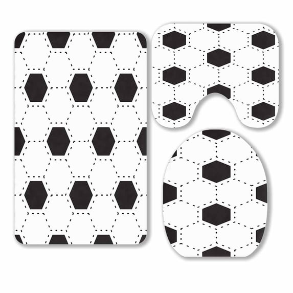 PKQWTM White And Black Football Soccer Ball Pattern 3 Piece Bathroom Rugs Set Bath Rug Contour Mat and Toilet Lid Cover