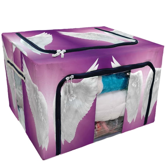 PKQWTM White Angel Wing Storage Bag Clear Window Storage Bins Boxes Large Capacity Foldable Stackable Organizer With Steel Metal Frame For Bedding,Clothes,Closets, Bedrooms