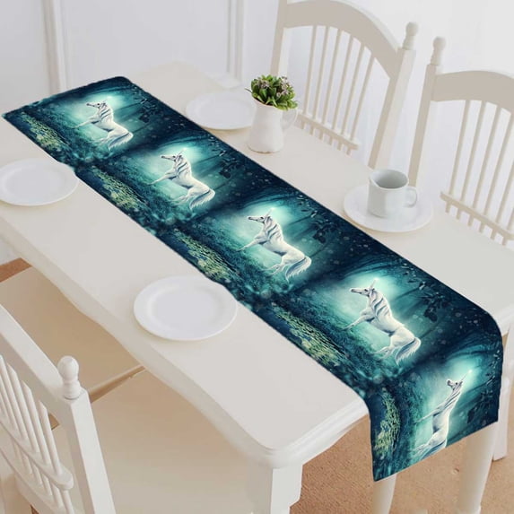 PKQWTM White unicorn in a dark forest Cotton and Linen Table Runner Kitchen Dining Room Supplies Size 14x72 Inch