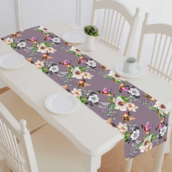 PKQWTM Wild Exotic Birds Branch Flowers Purple Cotton and Linen Table Runner Kitchen Dining Room Supplies Size 16x72 Inch