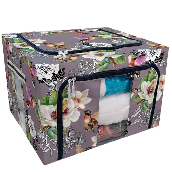 PKQWTM Wild Exotic Birds Branch Flowers Purple Storage Bag Clear Window Storage Bins Boxes Large Capacity Foldable Stackable Organizer With Steel Metal Frame For Bedding,Clothes,Closets, Bedrooms