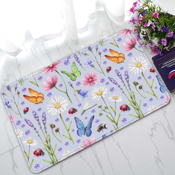PKQWTM Wild Flowers And Insects Watercolor Summer Pattern Home Decor Floor Mat Area Rug Doormat Size 18x30 Inches
