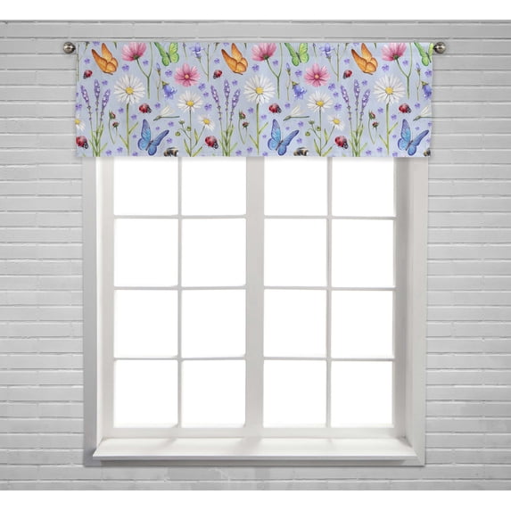 PKQWTM Wild Flowers And Insects Watercolor Summer Pattern Window Curtain Valance Rod Pocket 54x18 inch