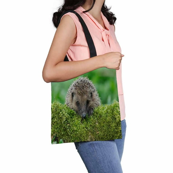 PKQWTM Wild Hedgehog On A Green Moss Covered Log With A Green Canvas Shoulder Bags Handbags Tote Bags Shopping Bag