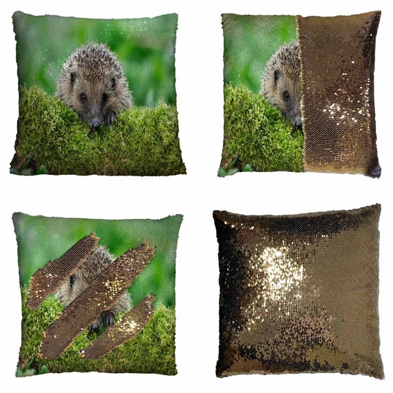 PKQWTM Wild Hedgehog On A Green Moss Covered Log With A Green Reversible Mermaid Cushion Cover Home Decor Sequin Pillow Case Size 16x16 inches