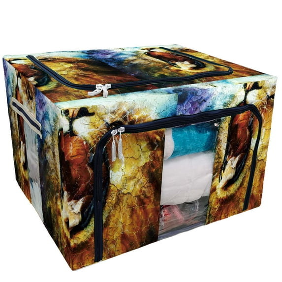 PKQWTM Wildlife Lion African Animal Storage Bag Clear Window Storage Bins Boxes Large Capacity Foldable Stackable Organizer With Steel Metal Frame For Bedding,Clothes,Closets, Bedrooms