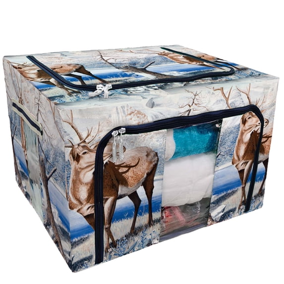 PKQWTM Winter Snow Landscape Christmas Reindeer Withered Tree Storage Bag Clear Window Storage Bins Boxes Large Capacity Foldable Stackable Organizer With Steel Metal Frame For Clothes,Closets