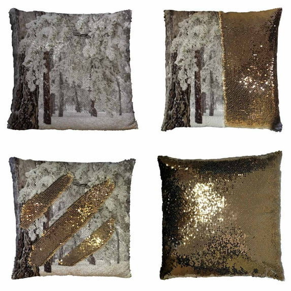 PKQWTM Winter forest with snow on trees Reversible Mermaid Cushion Cover Home Decor Sequin Pillow Case Size 16x16 inches
