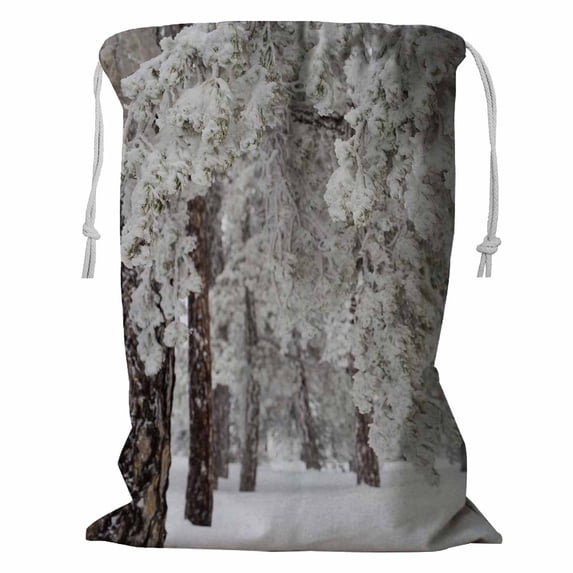 PKQWTM Winter forest with snow on trees Storage Basket Laundry Bag with Drawstring Size 18x24 Inch