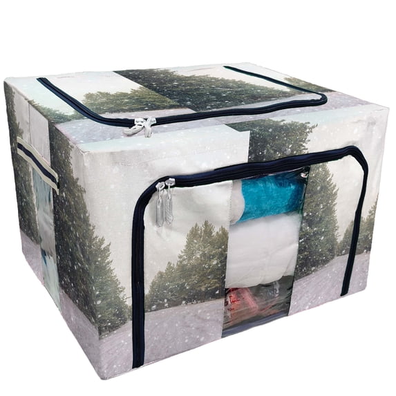 PKQWTM Wintry Landscape Scenery Flat County Woods Snow Landscape Storage Bag Clear Window Storage Bins Boxes Large Capacity Foldable Stackable Organizer With Steel Metal Frame For Clothes,Closets