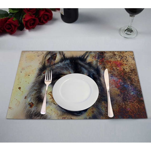 PKQWTM Wolf Painting Color Kitchen Dining Table Mats Placemats Size 12x18 Inches, Set of 2 Pieces