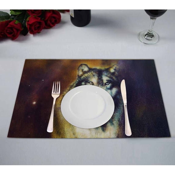 PKQWTM Wolf mighty cosmical wolf light oil painting canvas Kitchen Dining Table Mats Placemats Size 12x18 Inches, Set of 2 Pieces
