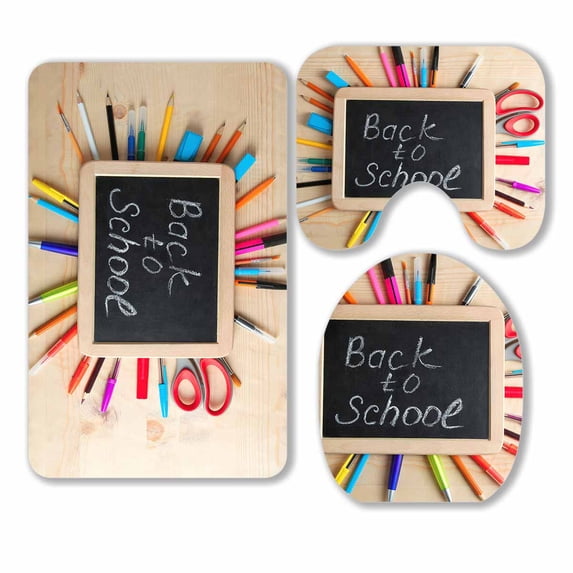 PKQWTM Wooden Plaque Inscription Back To School Near Stationery 3 Piece Bathroom Rugs Set Bath Rug Contour Mat and Toilet Lid Cover
