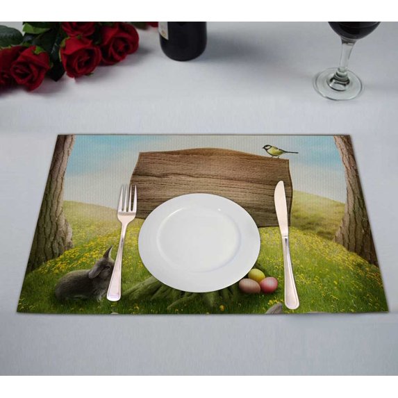 PKQWTM Wooden Sign In The Magic Spring Forest Kitchen Dining Table Mats Placemats Size 12x18 Inches, Set of 2 Pieces