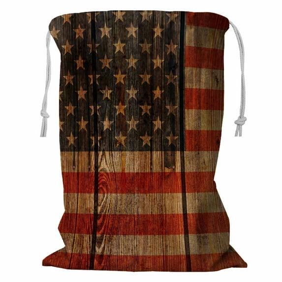 PKQWTM Wooden USA flag Storage Basket Laundry Bag with Drawstring Size 18x24 Inch