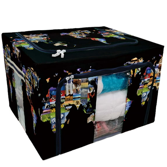 PKQWTM World Map Composed of Photograph Storage Bag Clear Window Storage Bins Boxes Large Capacity Foldable Stackable Organizer With Steel Metal Frame For Bedding,Clothes,Closets, Bedrooms