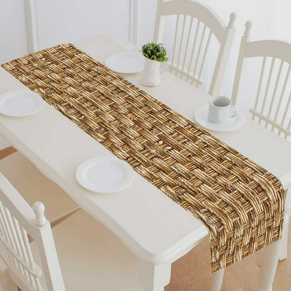PKQWTM Woven Rattan With Natural Patterns Cotton and Linen Table Runner Kitchen Dining Room Supplies Size 16x72 Inch