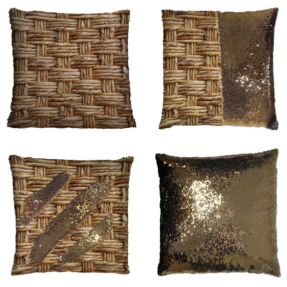 PKQWTM Woven Rattan With Natural Patterns Reversible Mermaid Cushion Cover Home Decor Sequin Pillow Case Size 20x20 inches