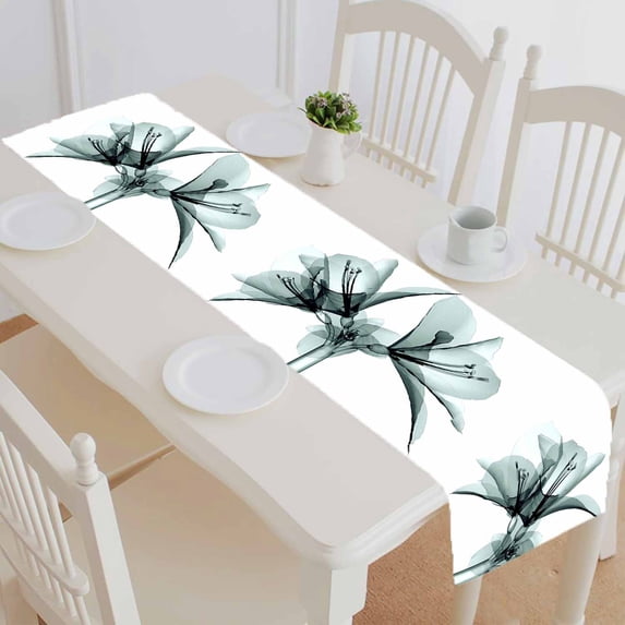 PKQWTM Xray Image Flower White Amaryllis Cotton and Linen Table Runner Kitchen Dining Room Supplies Size 16x72 Inch