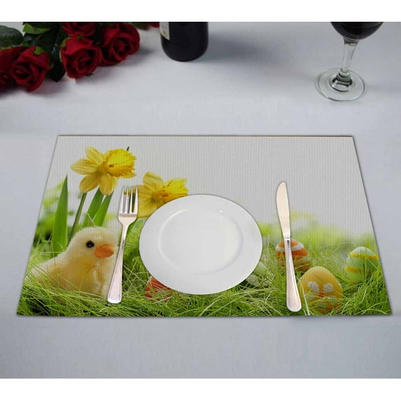 PKQWTM Yellow Easter Chick And Easter Eggs In A Field Kitchen Dining Table Mats Placemats Size 12x18 Inches, Set of 2 Pieces