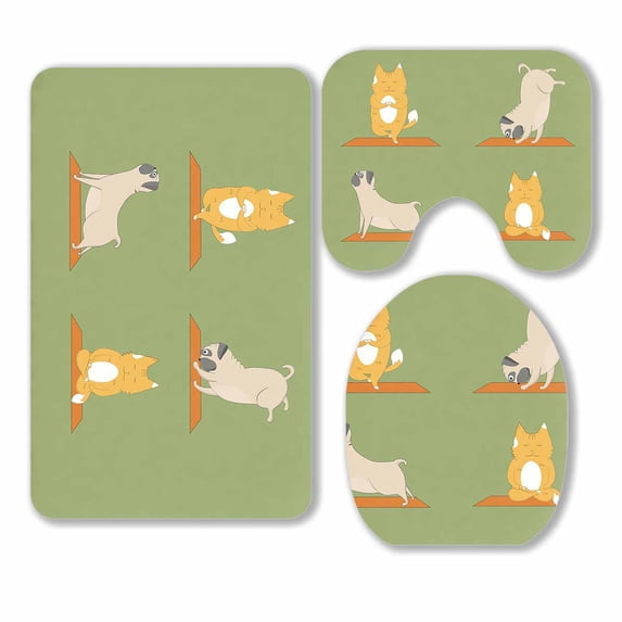 PKQWTM Yoga Pugs Cats Cartoon Funny Animals 3 Piece Bathroom Rugs Set Bath Rug Contour Mat and Toilet Lid Cover