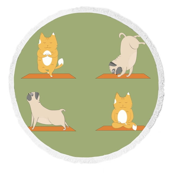 PKQWTM Yoga Pugs Cats Cartoon Funny Animals Round Beach Towel Beach Mats Shawl Blanket Yoga Mat with Tassels Beach Throw Towel