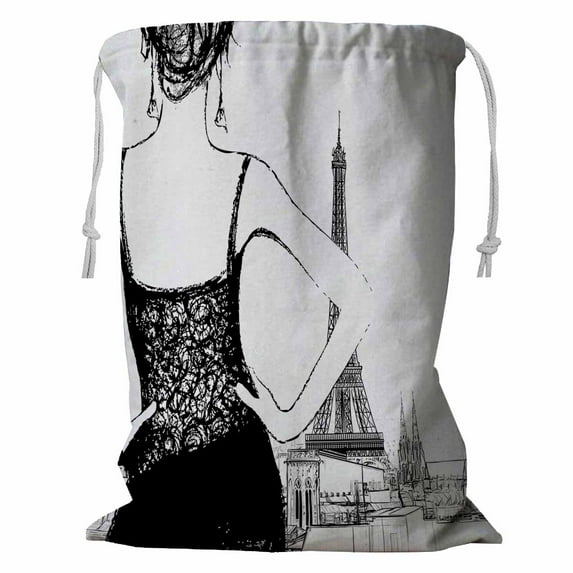 PKQWTM Young Woman Looking Over Paris Storage Basket Laundry Bag with Drawstring Size 18x24 Inch