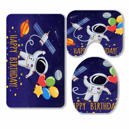 PKQWTM astronaut outer space Congratulation happy birthday 3 Piece Bathroom Rugs Set Bath Rug Contour Mat and Toilet Lid Cover