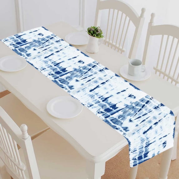 PKQWTM batik tie dyed fabric of indigo color on white cotton Cotton and Linen Table Runner Kitchen Dining Room Supplies Size 16x72 Inch