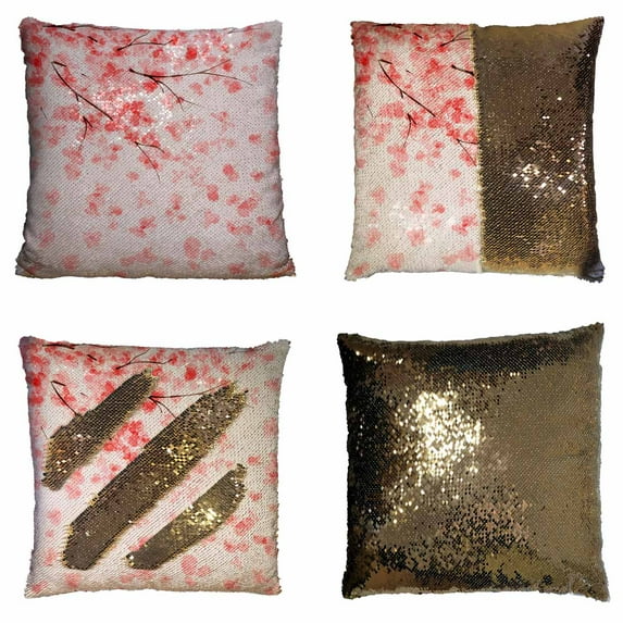 PKQWTM blooming Japanese cherry tree Reversible Mermaid Cushion Cover Home Decor Sequin Pillow Case Size 16x16 inches