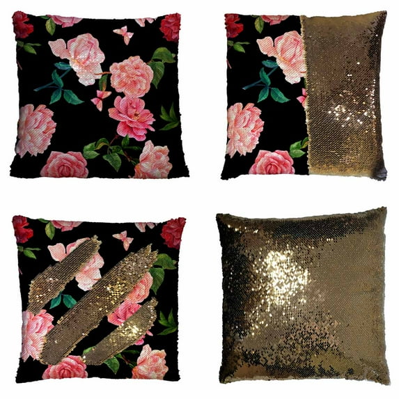 PKQWTM blooming red pink roses camellias peonies butterflies Reversible Mermaid Cushion Cover Home Decor Sequin Pillow Case Size 18x18 inches