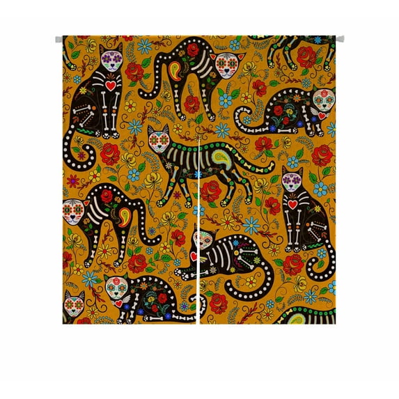 PKQWTM calavera sugar skull black cats holiday Door Curtain Window Cover Home Decor Hanging Curtain Size 85x90 CM