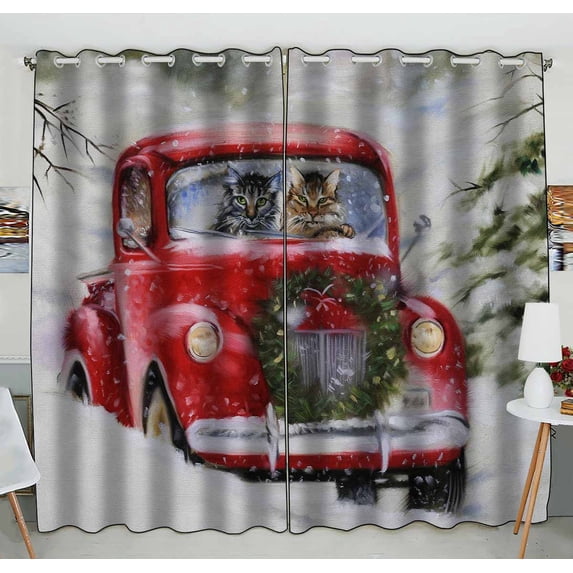 PKQWTM christmas cat lovers driving red car romance feline kittens Practical heat insulation Shading Window Curtain Size 52(W) x 84(H) inches(Two Piece)