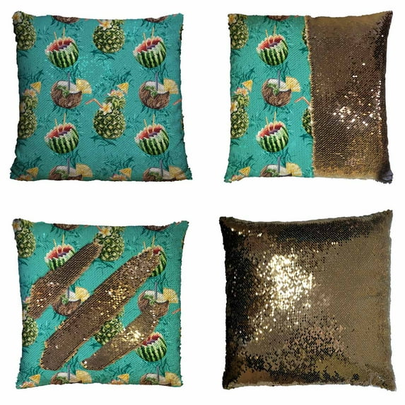 PKQWTM cocktail fruit pineapple coconut watermelon leaves Reversible Mermaid Cushion Cover Home Decor Sequin Pillow Case Size 20x20 inches