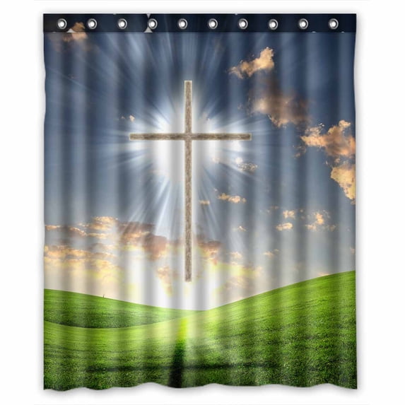 PKQWTM cross against the sky in a blaze of glory WaterProof Polyester Fabric Shower Curtain Size 60x72 Inches