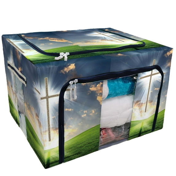 PKQWTM cross against the sky in a blaze of glory Storage Bag Clear Window Storage Bins Boxes Large Capacity Foldable Stackable Organizer With Steel Metal Frame For Bedding,Clothes,Closets, Bedrooms