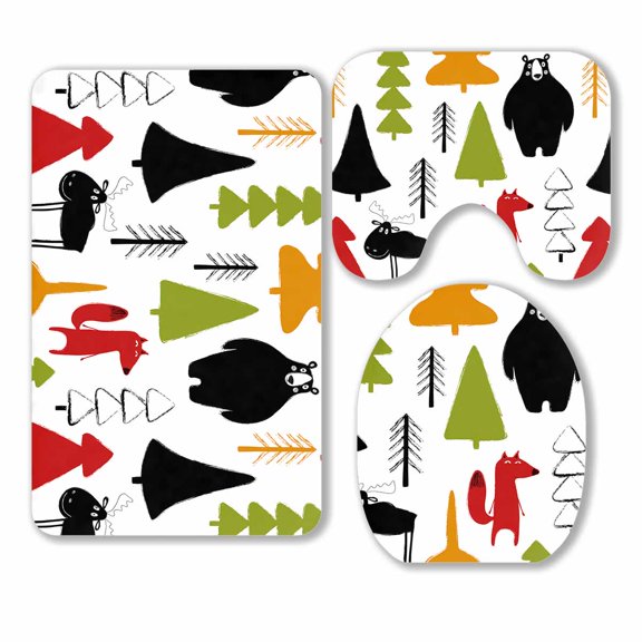 PKQWTM cute animals trees grunge brush forest 3 Piece Bathroom Rugs Set Bath Rug Contour Mat and Toilet Lid Cover