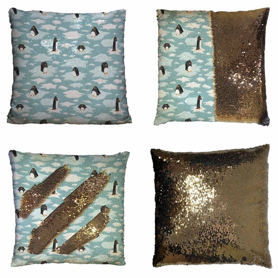 PKQWTM cute penguins Reversible Mermaid Cushion Cover Home Decor Sequin Pillow Case Size 20x20 inches