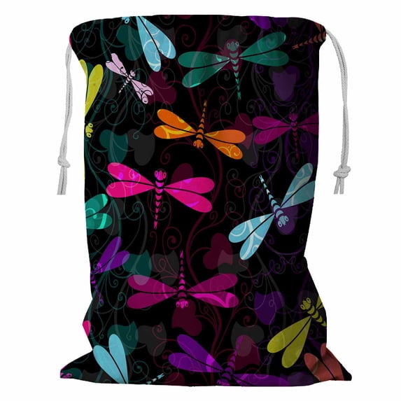 PKQWTM dark colorful dragonflies translucent vintage curls Storage Basket Laundry Bag with Drawstring Size 18x24 Inch