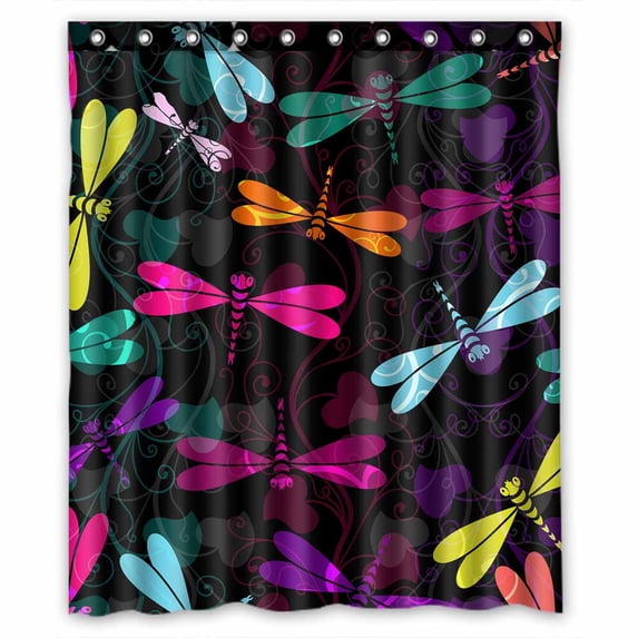 PKQWTM dark colorful dragonflies translucent vintage curls WaterProof Polyester Fabric Shower Curtain Size 60x72 Inches