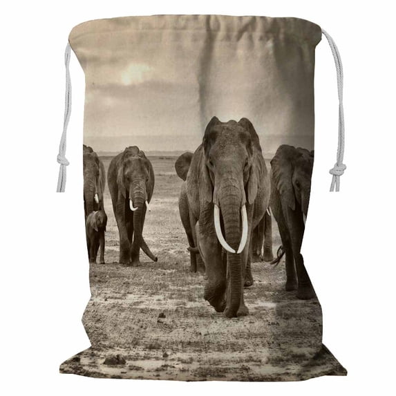 PKQWTM elephants walking group on the African Storage Basket Laundry Bag with Drawstring Size 18x24 Inch