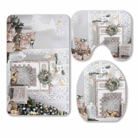 PKQWTM elite winter decor room flat 3 Piece Bathroom Rugs Set Bath Rug Contour Mat and Toilet Lid Cover